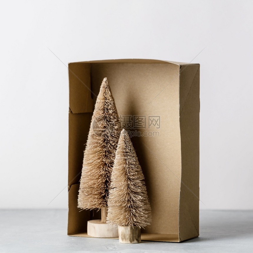 盒子中的椰纤维圣诞树零废物概念文字空间图片