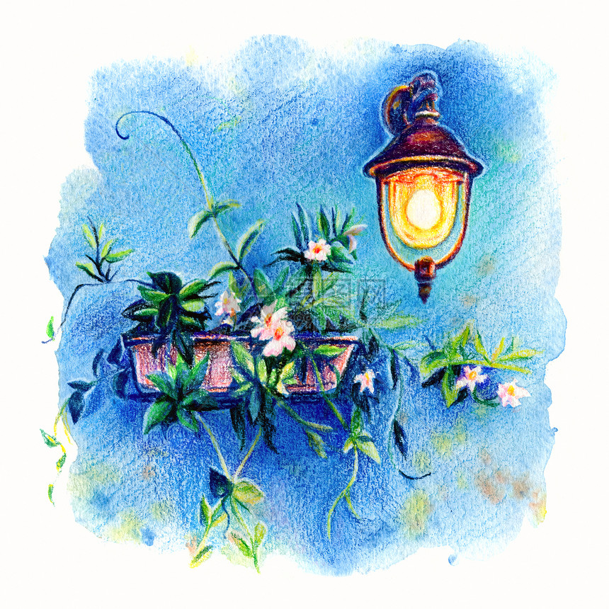 在著名的意大利威尼斯岛布拉诺的蓝色房屋墙上画灯和花朵用彩色铅笔和水画图片
