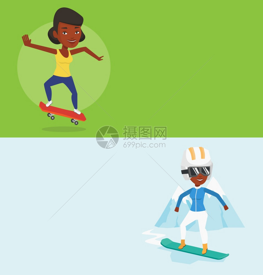 两条运动横幅上面有文字空间矢量平板设计水布局女人在山上滑雪女人在山上滑雪两个运动横幅上面有文字空间图片