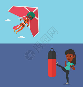 踢沙包的女人和飞行运动员的卡通图背景