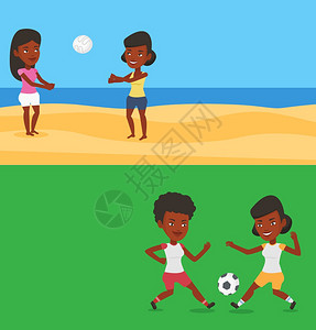 有两个运动横幅上面有文字空间矢量平板设计水布局非洲妇女与朋友一起玩海滩排球暑假玩海滩排球时得开心两个运动横幅上面有文字空间背景图片