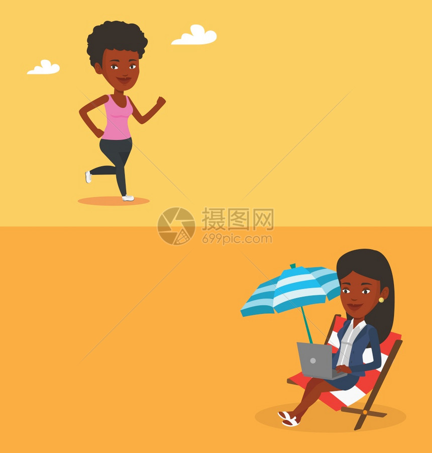 两条带有文字空间的生活方式横幅矢量平板设计水布局非洲裔美国青年女子跑步一个微笑的女子跑步运动服女员跑步两个带有文字空间的生活方式图片