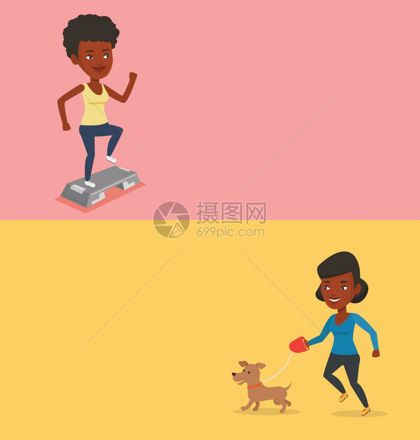 两条带有文字空间的生活方式横幅矢量平板设计水布局非洲裔美国青年女子及其狗散步的女子带着小狗走路的微笑妇女两个带有文字空间的生活方图片