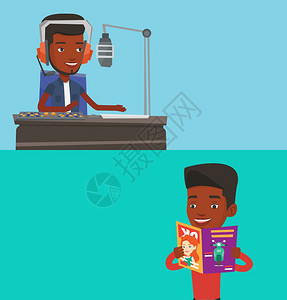 卡通美国人两条媒体横幅有文字空间矢量平面设计水布局非洲美国人阅读杂志年轻人站在杂志的手边男人在杂志上读好消息两个媒体横幅有文字空间背景