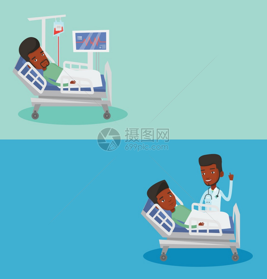 两条带有文本空间的医疗横幅矢量平面设计水布局医生与到访病人躺在医院床上病人与心率监控器躺在医院床上图片