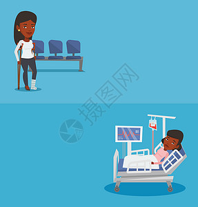 卡通绷带两条带有文本空间的医疗横幅矢量平面设计水布局躺在医院床上的妇女带心率监测器躺在床上的病人输血过程中的病人两个带有文本空间的医疗横背景