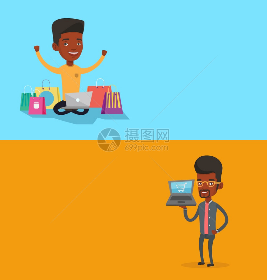 两个带有文本空间的购物横幅矢量平板设计水布局使用笔记本电脑在线购物的非洲男子持有手提电脑和购物推车的人在线购物两个带有文本空间的图片