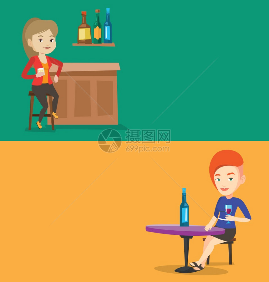 两条食物横幅有文字空间矢量平面设计水布局高加索妇女坐在酒吧柜台喝葡萄的快乐妇女在酒吧休息时间两条食物和饮料横幅有文字空间图片