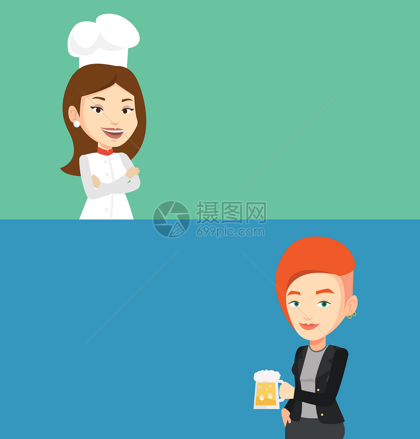 两条食物横幅上面有文字空间矢量平板设计水布局穿着制服和戴帽子的女考生主厨年轻的自信女厨师两份食物和饮料横幅上面有文字空间图片