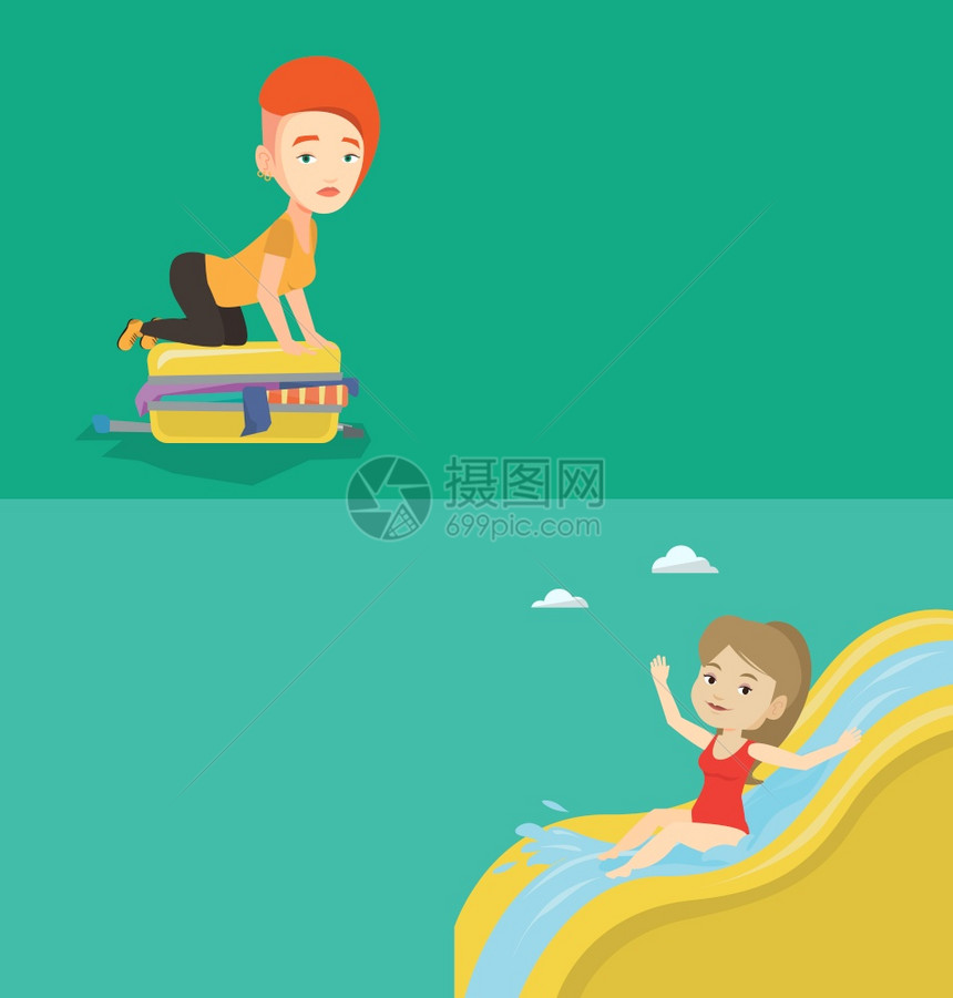 两条带有文字空间的旅行横幅矢量平面设计水布局年轻女骑着水流滑板在公园下女在水滑板上玩得开心女滑下水板两个带有文字空间的旅行横幅图片