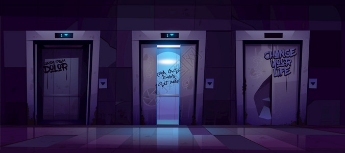 走廊广告夜间开放和关闭电梯门的旧肮脏走廊夜间开放和封闭的电梯门插画