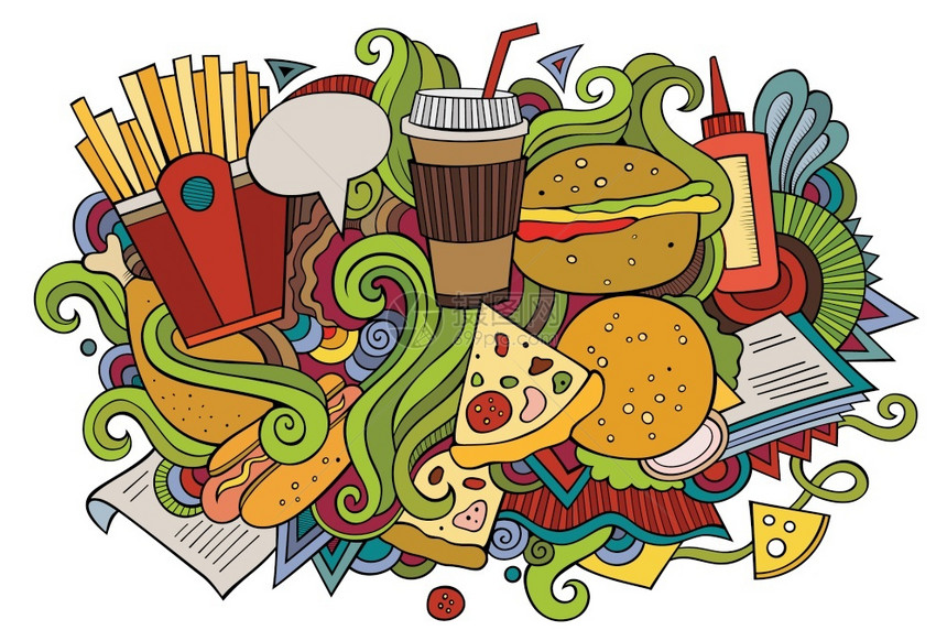 快餐手绘制卡通图案有趣的食品设计创意艺术矢量背景快餐符号元素和对象多彩构成有趣的食品设计图片