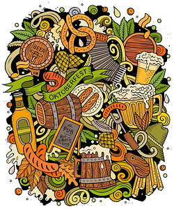 卡通矢量doodledoodlesBeer盛宴插图色彩多详细有许多对象背景所有对象都分开明亮的颜色Oktoberfest有趣的图背景图片