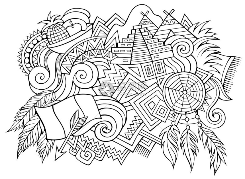秘鲁手工绘制的漫画图解有趣的旅行设计创意艺术矢量背景秘鲁符号元素和对象斯克切奇构成有趣的旅行设计图片