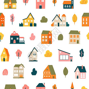 欧美街区房子可爱的小城镇房屋插画