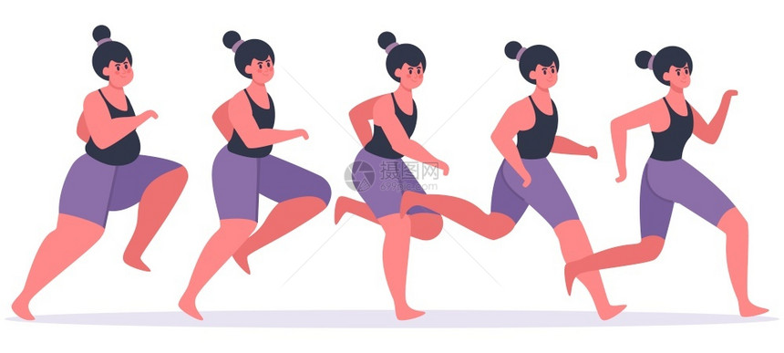 女孩跑步过程卡通矢量插画图片