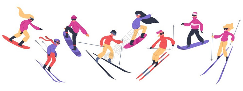 女人滑雪冬季体育活动滑雪者青年等极端山板和滑者插画