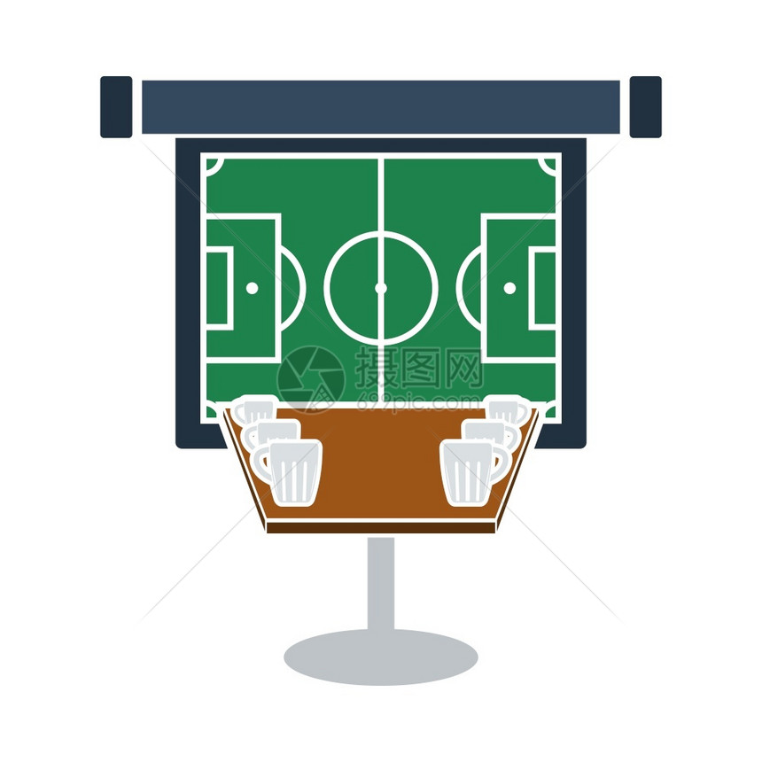 在投影屏幕图标平面彩色设计矢量说明上显示啤酒和足球喷雾翻译的体育桌图片