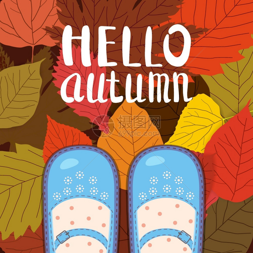 秋叶的女子蓝鞋给秋叶的女子蓝鞋写信秋季的女子蓝鞋来信海报横幅矢量插图被孤立图片