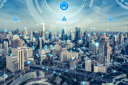 城市通信技术智能城市无线通信网络其图形显示事物互联网IOT和信息通讯技术ICT的概念与现代城市建筑的背景相对背景