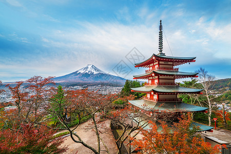 托塔李天王日本秋天的出时分富士山和楚里托塔达山位于阿拉库森根神庙游客可以从全景观中看到富士山这是藤最著名的景象之一背景