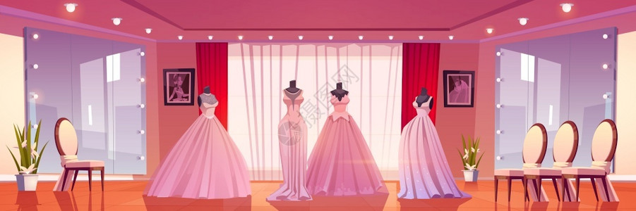 婚纱有血素材内地有婚纱的和有照明大型镜子婚纱卖新娘礼服的空小店装饰女的展厅卡通矢量插图插画