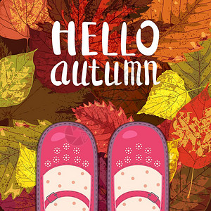 秋叶的红鞋女给秋天打来电话你好海报横幅矢量插图被孤立图片