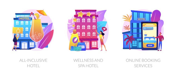 酒店自助豪华酒店度假村温泉在线预订服务矢量图插画
