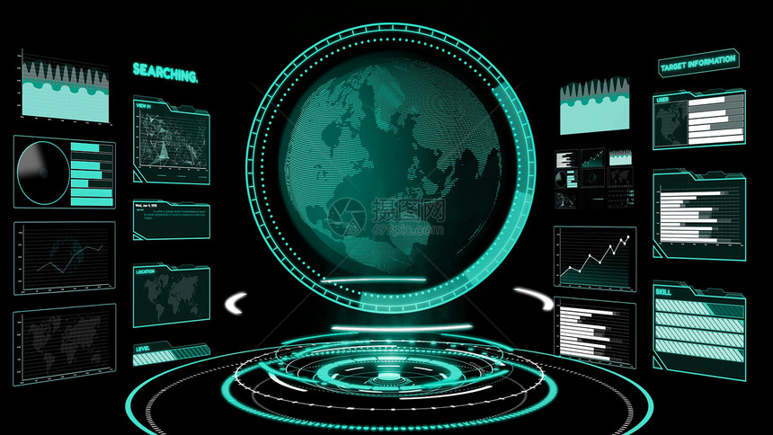 未来用户界面仪表板用于在信息图表中分析大数据HUDGUI文本数字技术概念的图形元素3D插图图片