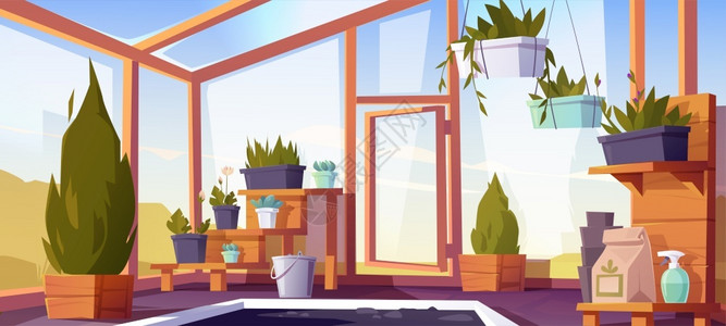 留观区室内温装有饰植物的架子上空冬季花园有玻璃墙窗户屋顶和石地板的橙色种植花地内观卡通矢量插图室内装有饰植物的架子插画