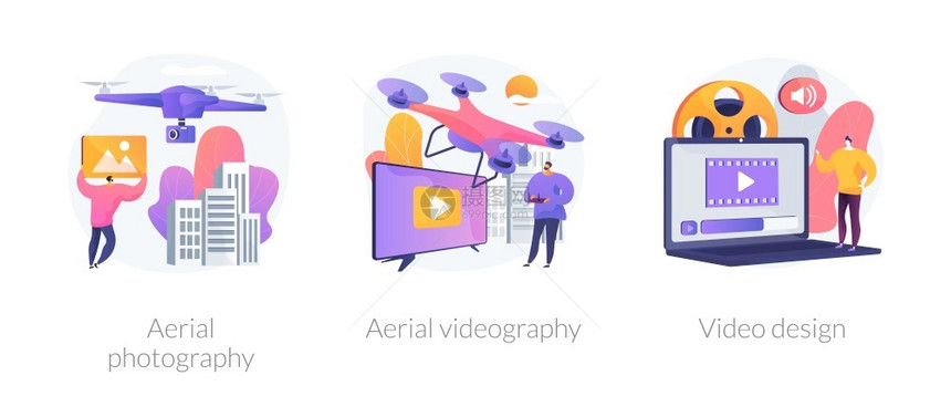 利用无人驾驶飞机制作视频录像Trendy无人驾驶航空器用于鸟类观看照片空中摄影录像视频设计比喻矢量孤立概念比喻图媒体内容生成矢量图片