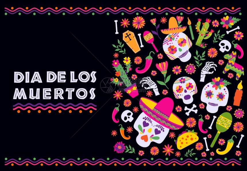 CincodeMayo5版标语矢量DiaslosMuertos版标语矢量墨西哥用于纪念卡或政党邀请海报的设计花朵传统墨西哥框架黑图片