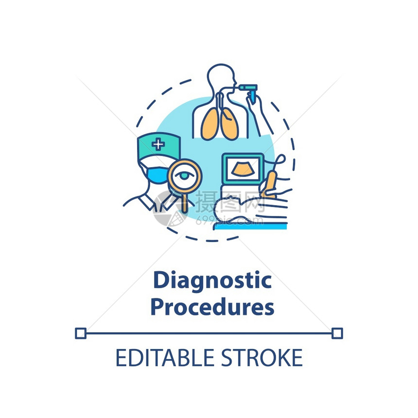 诊断程序概念图标专业医疗分析诊断确定概念细线插图医生检查矢量孤立大纲RGB彩色绘图可编辑中风图片