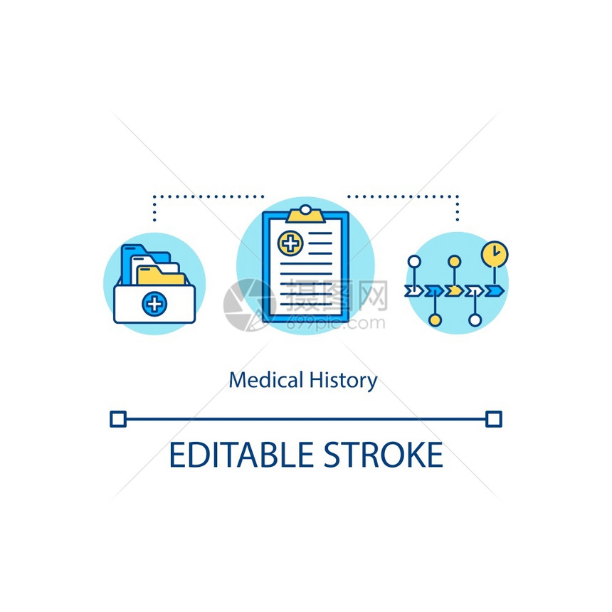 医疗史概念图标患者先前的疾病和处方记录预示细线插图健康保险政策矢量孤立的大纲RGB彩色绘图可编辑中风医疗史概念图标图片