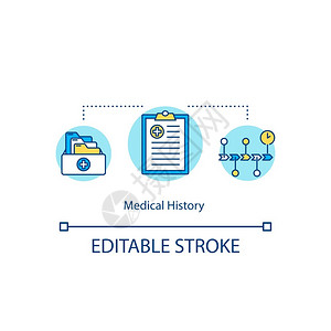 医疗史概念图标患者先前的疾病和处方记录预示细线插图健康保险政策矢量孤立的大纲RGB彩色绘图可编辑中风医疗史概念图标插画
