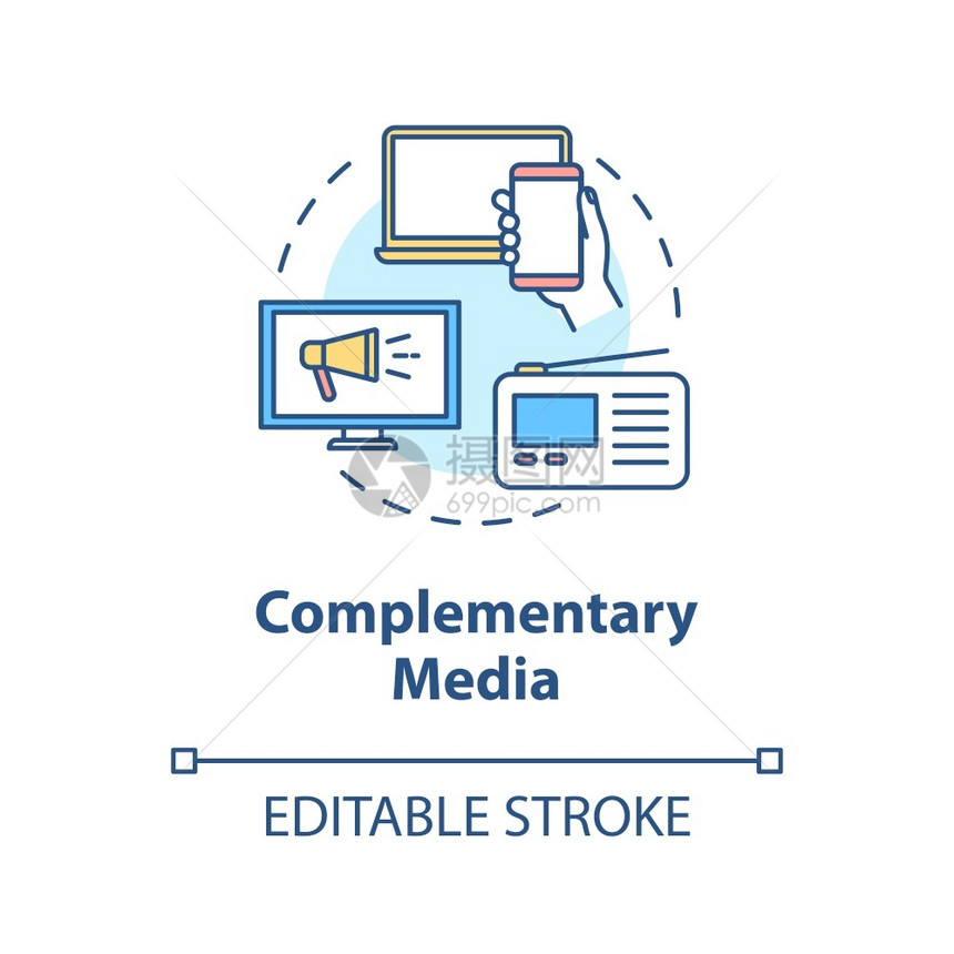 辅助媒体概念图标跨平台广告概念薄线插图不同的电信设施矢量孤立大纲RGB彩色绘图可编辑中风图片