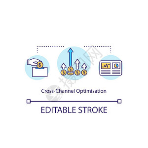 全渠道双跨通道优化概念图标Omnichanne营销理念细线插图测量能数字营销战略矢量孤立大纲RGB彩色绘图可编辑中风跨通道优化概念图标插画