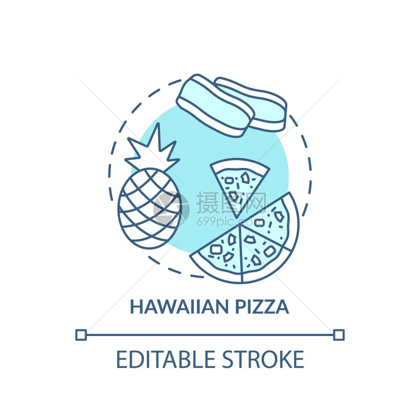 夏威夷比萨饼概念图标甜新鲜的比萨饼成分水果美味的膳食不寻常想法细线插图矢量孤立大纲RGB彩色绘画可编辑的中风夏威夷比萨概念图标图片