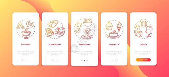 菜单页面带有概念的移动应用程序页面屏幕上餐饮菜单可用盘子的类型不同餐饮历经五步图形指示配有RGB彩色插图的UI矢量模板插画