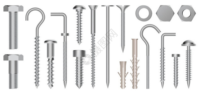 固定螺丝硬件不锈螺和眼钩金属固定装置孤立矢量说明装置制造紧固螺帽坚果和双快叉现实的三螺和栓硬件不锈插画