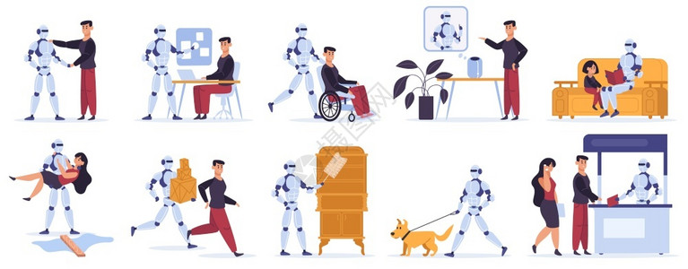 机器人帮助类工智能个助理机器装置帮助类所有者帮助矢量图示标集做家务和狗一起走机器人帮助类工智能个助理帮矢量图示标集插画