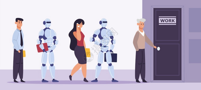 招聘普工人和机器招聘和工智能在作面试中站立就业竞争病媒说明未来与机器男女工人的作市场和机器招聘和工智能在作面试中站立就业竞争病媒说明插画