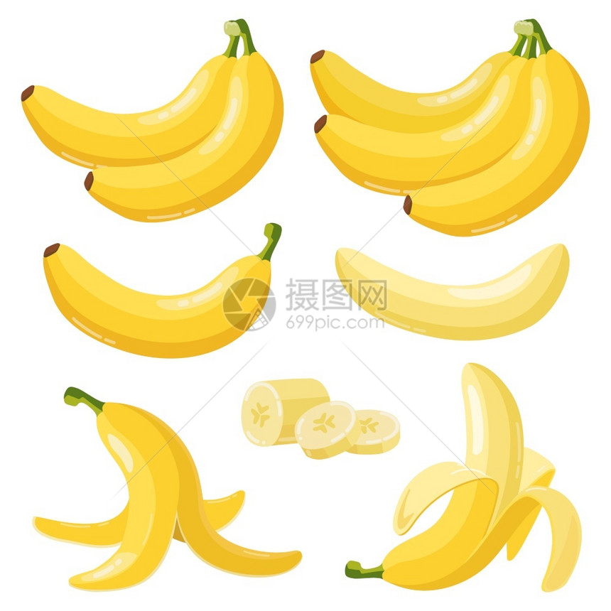 卡通香蕉热带黄果皮香蕉和一堆成熟素新鲜水果零食带矢量图示标维冈健康食品自然产切片皮香蕉和一帮成熟素新鲜果零食带源图示标图片