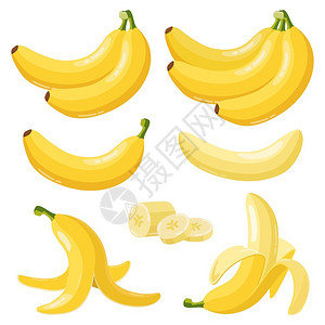 世博源卡通香蕉热带黄果皮香蕉和一堆成熟素新鲜水果零食带矢量图示标维冈健康食品自然产切片皮香蕉和一帮成熟素新鲜果零食带源图示标插画