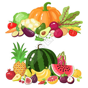 蔬水果挂画蔬菜和水果卡通素食品西瓜南和苹果维生素新鲜蔬菜南瓜和苹果新鲜蔬菜以及水果病媒图示标有机健康产品用于市场农业南瓜和苹果维生素新鲜蔬插画
