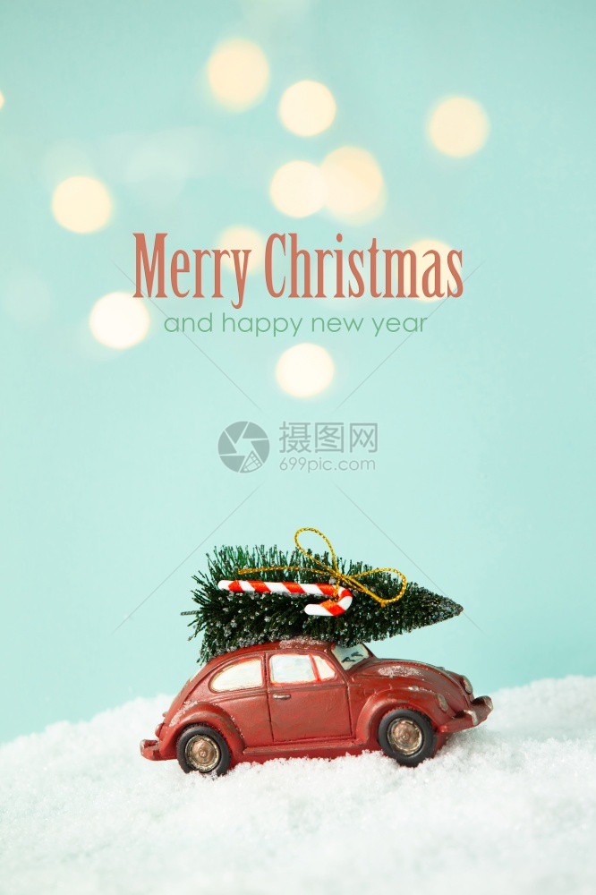 红玩具车有圣诞树红玩具有初蓝背景圣诞节灯光和短信圣诞节新年快乐贺卡图片