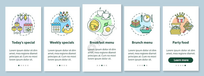 设计素材类型带有概念的移动应用程序页面屏幕上提供特别服务食物建议提供膳食的类型通过5步图形指示配有RGB彩色插图的UI矢量模板配有概念的移动插画