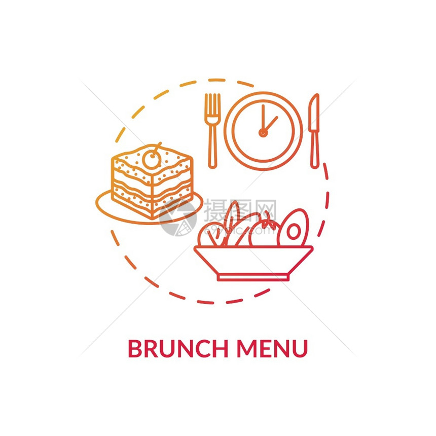 Brunch菜单概念图标早上过后美味的零食中日餐店提供广告Lite开胃菜单想法细线插图矢量孤立的大纲RGB颜色绘图菜单概念标图片