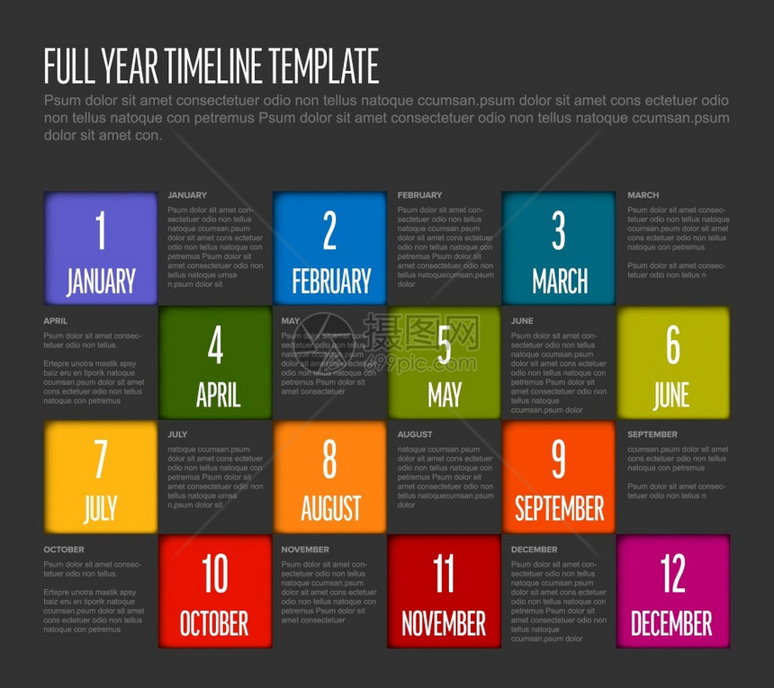 全年时间表模板所有月数以方形条状暗版样式化数据表模板图片
