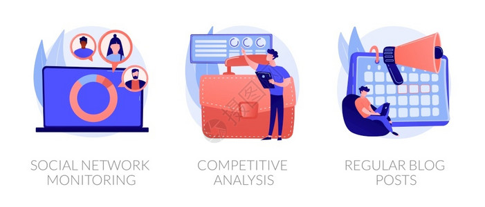 seo剪贴画商业分析数字营销图标在线促服务社会网络监测竞争分析定期博客文章比喻矢量孤立概念比喻图SEO服务矢量概念比喻插画